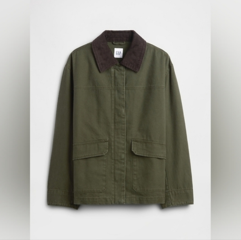 GAP Khaki Utility Jacket with Dark Brown Collar - Picture 5 of 6